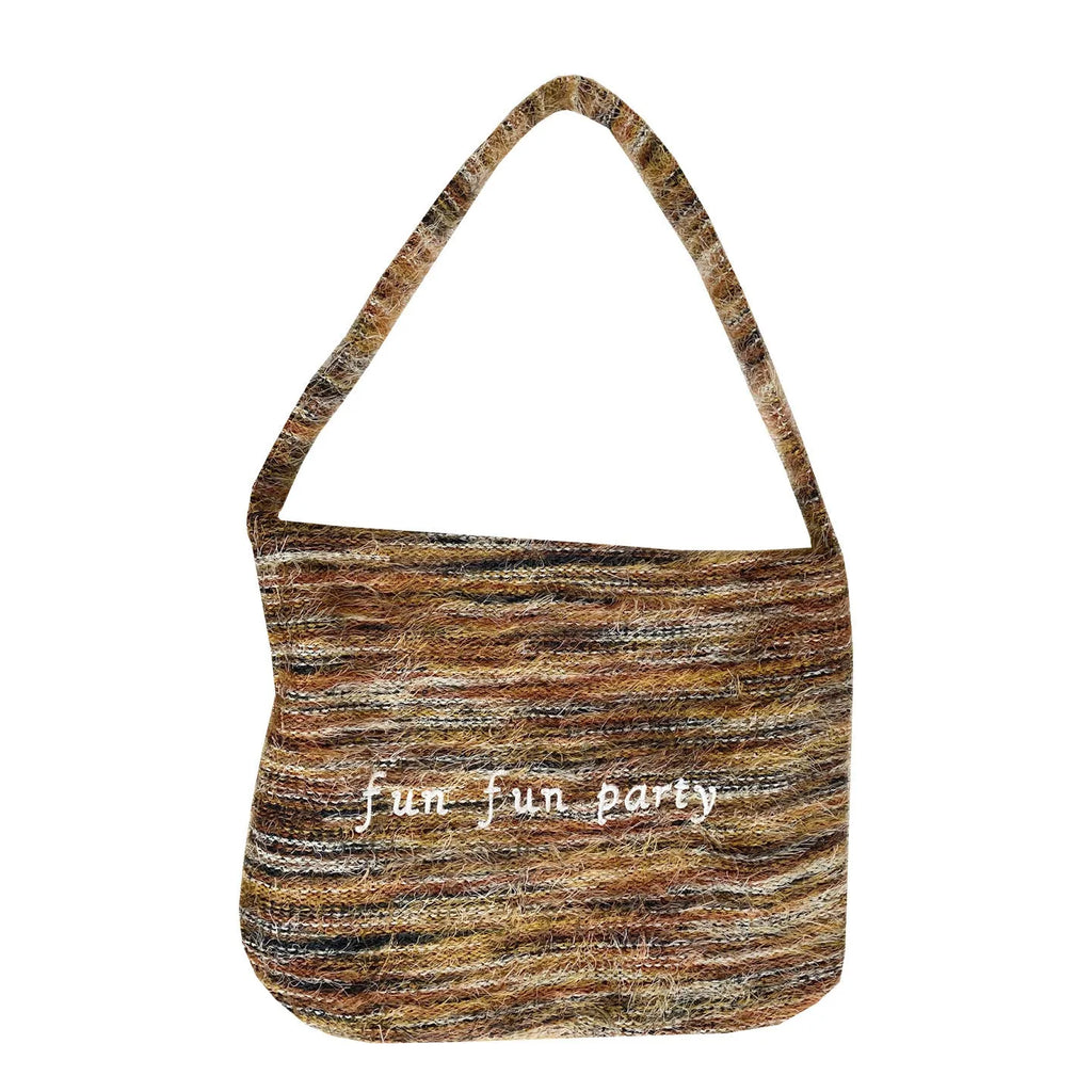 Plush shoulder bag with alphabet embroidery and tassel, horizontal square shape, soft plush finish, single shoulder strap, five colours denim blue green purple sea salt blue yellow