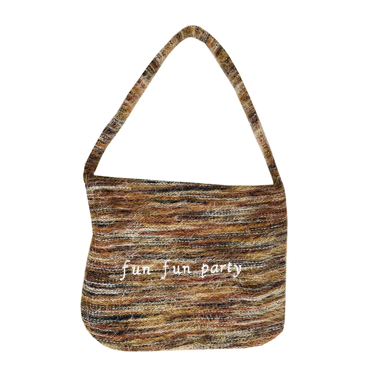 Plush shoulder bag with alphabet embroidery and tassel, horizontal square shape, soft plush finish, single shoulder strap, five colours denim blue green purple sea salt blue yellow