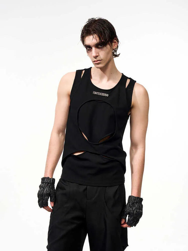 Men's black sleeveless waistcoat vest with white hollow thread stitching and a round neck, laid flat.