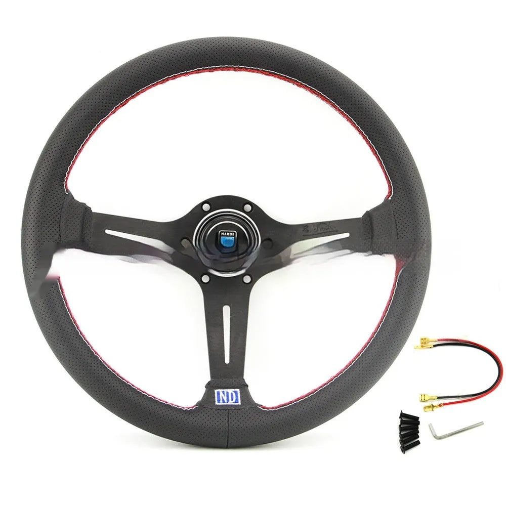 Leather-wrapped 14-inch steering wheel with a middle concave rim on a black metal skeleton.