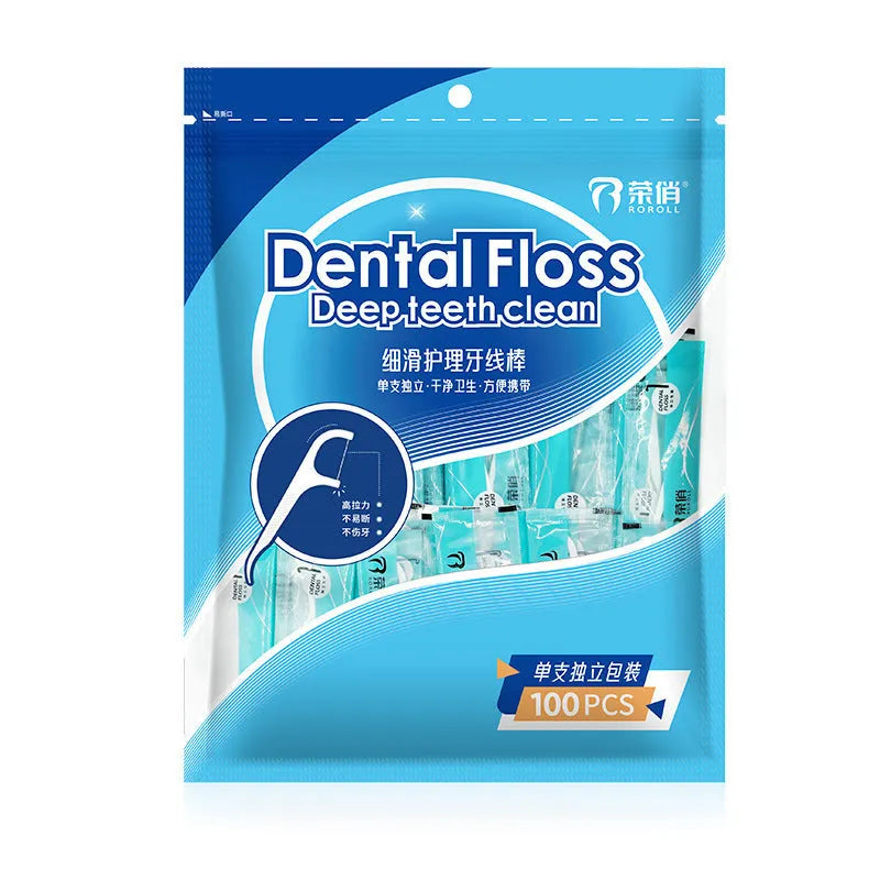 Clear plastic bag containing 100 or 108 pieces of disposable high tensile dental floss.