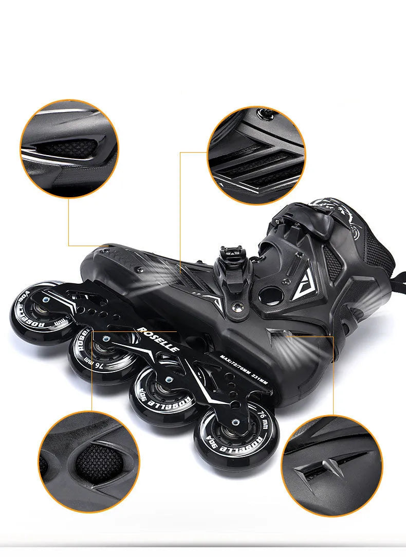 Adult inline roller skates for beginners with PP reinforced shell and aluminium frame in black colour