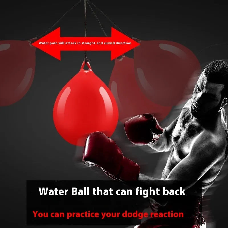 Red water-filled PVC boxing reaction ball with hook rope sling for combat sports training