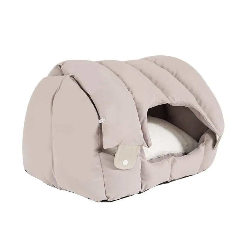 Grey and green dual-purpose arched pet nest shown as an enclosed bed and open sofa for cats and dogs