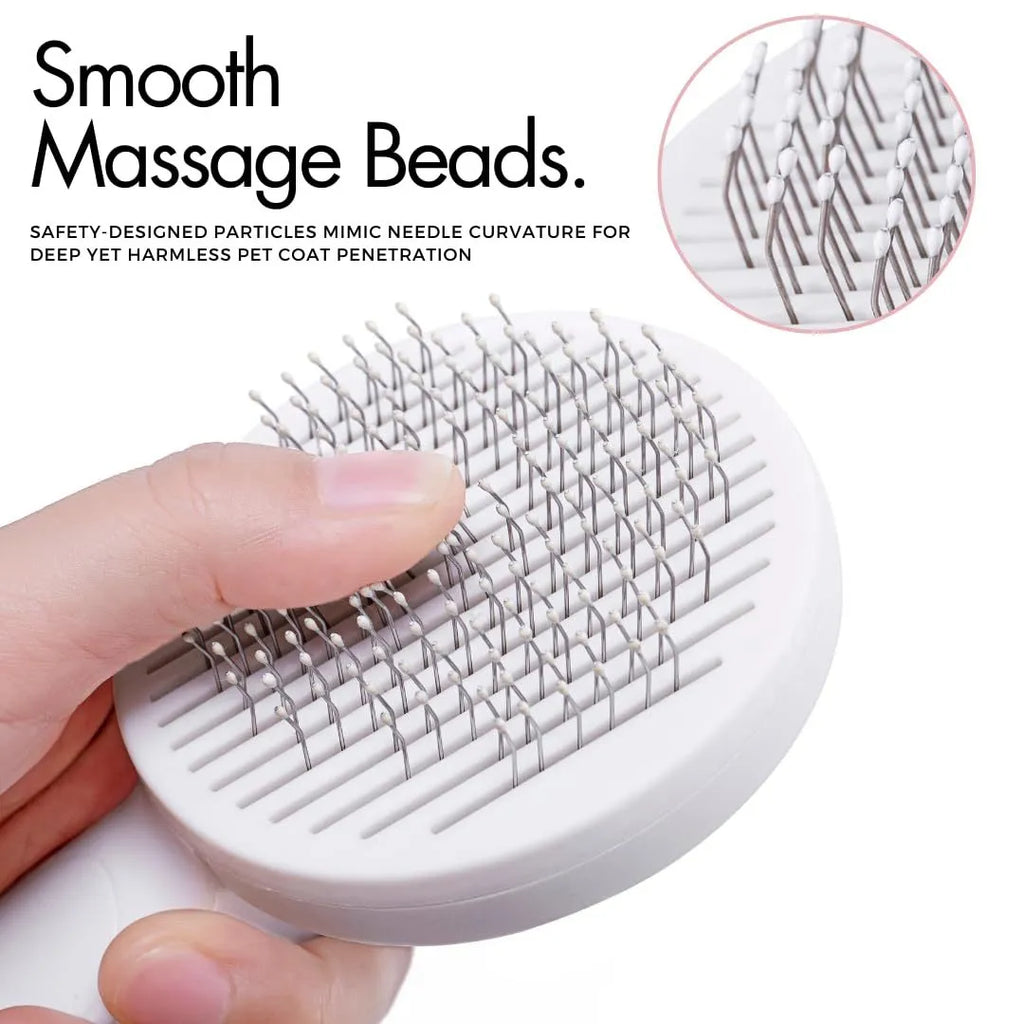 Self-cleaning pet grooming brush with ergonomic handle in blue, grey, or pink