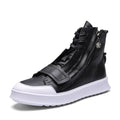 Men's black and white high-top ankle boots in PU leather microfiber for winter.