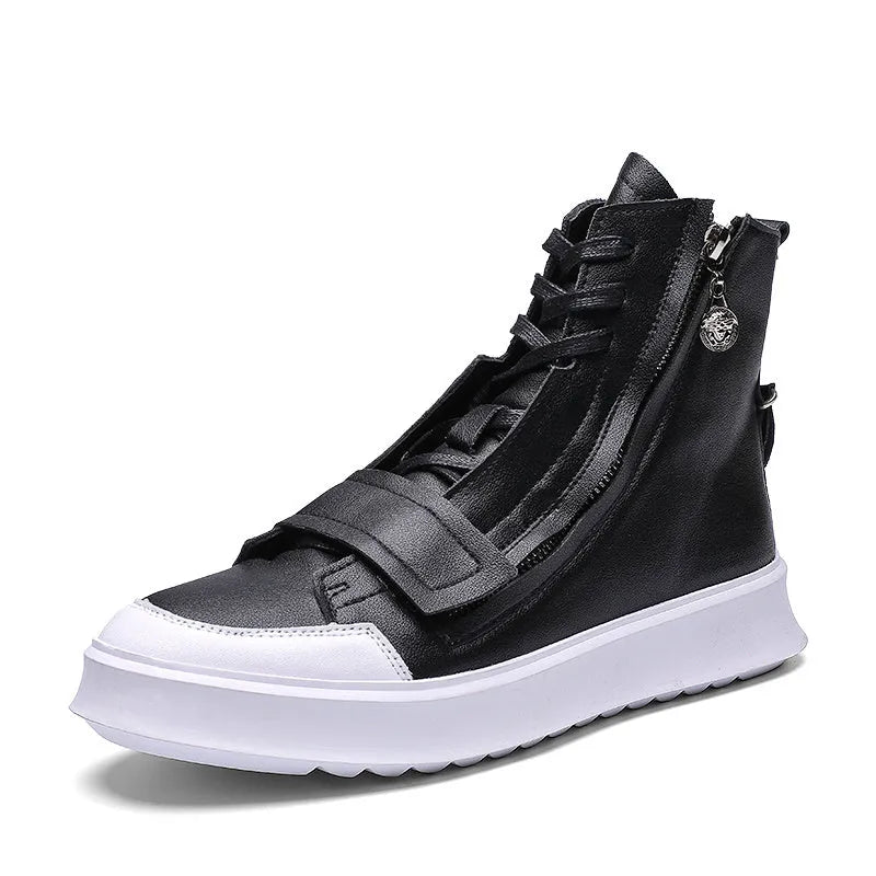 Men's black and white high-top ankle boots in PU leather microfiber for winter.