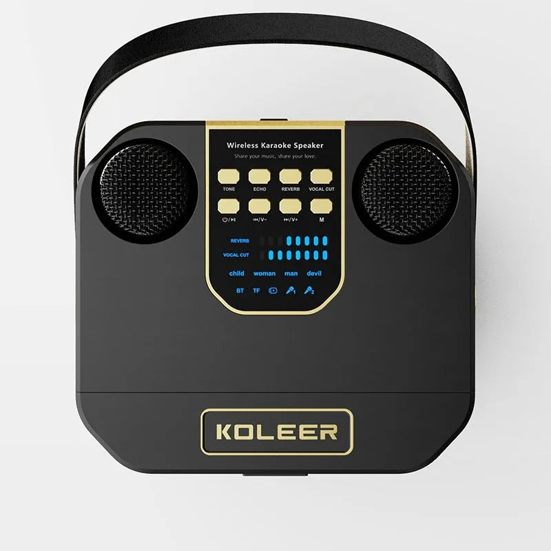 Dual stereo portable karaoke speaker system with two wireless microphones in black