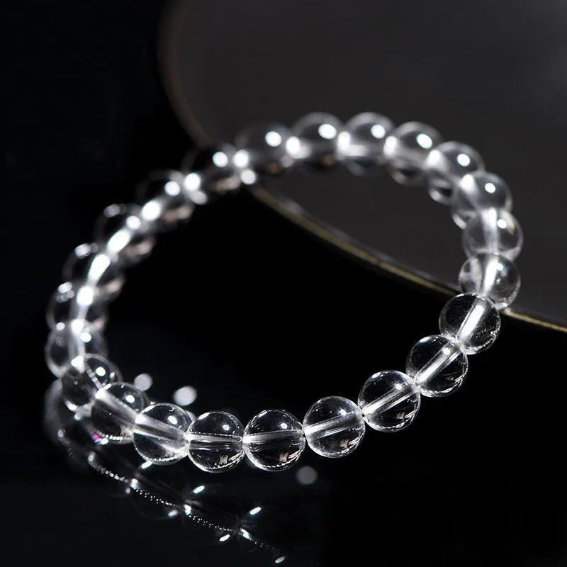 Natural Donghai old materials white water round bead crystal bracelet showing single circle design.