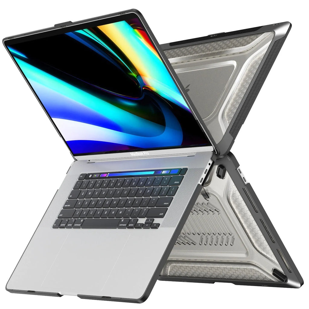 MacBook protective hard shell case in cool black colour on a laptop.