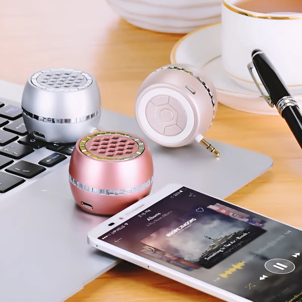 Universal external amplifier speaker in black, gold, or rose gold with wired connection