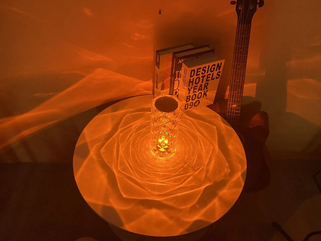 LED crystal rose diamond table lamp with PAMA acrylic construction showing three-tone lighting options