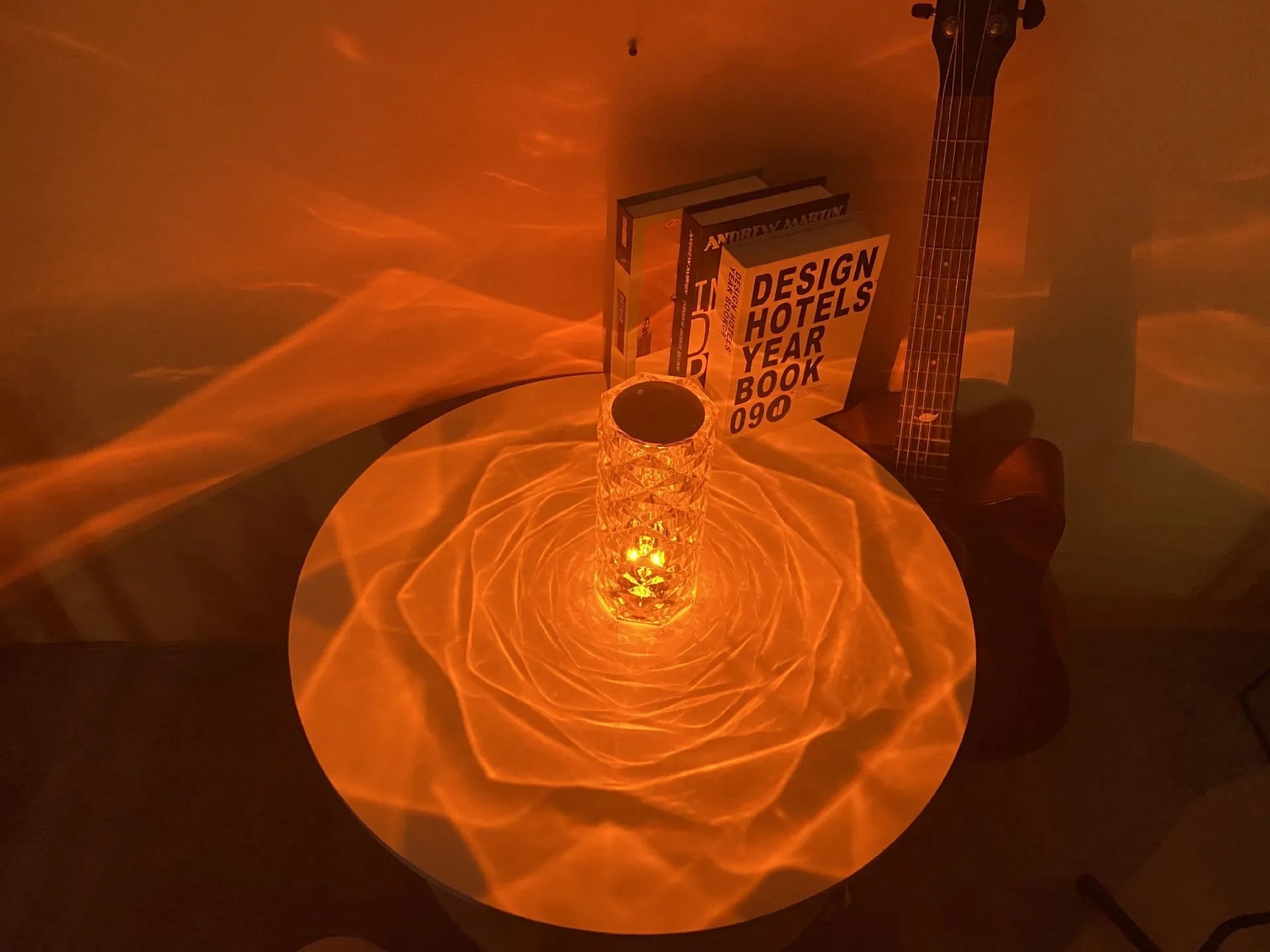 LED crystal rose diamond table lamp with PAMA acrylic construction showing three-tone lighting options