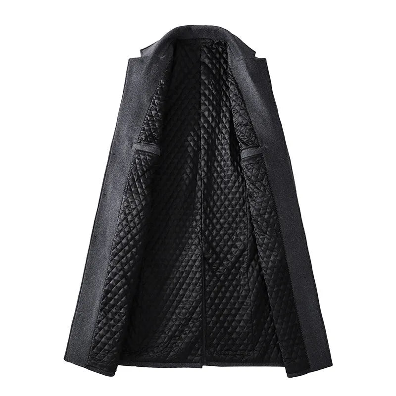 Men's plus size long coat with lapel collar in black, loose fit polyester outerwear