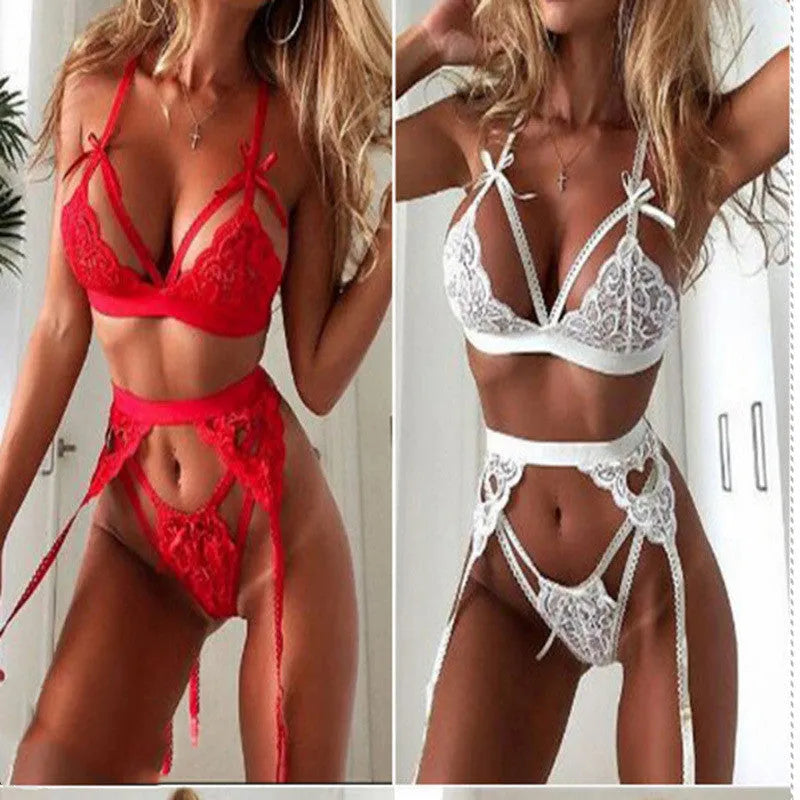 Red and white lace lingerie set for women, cute girl cosplay style.