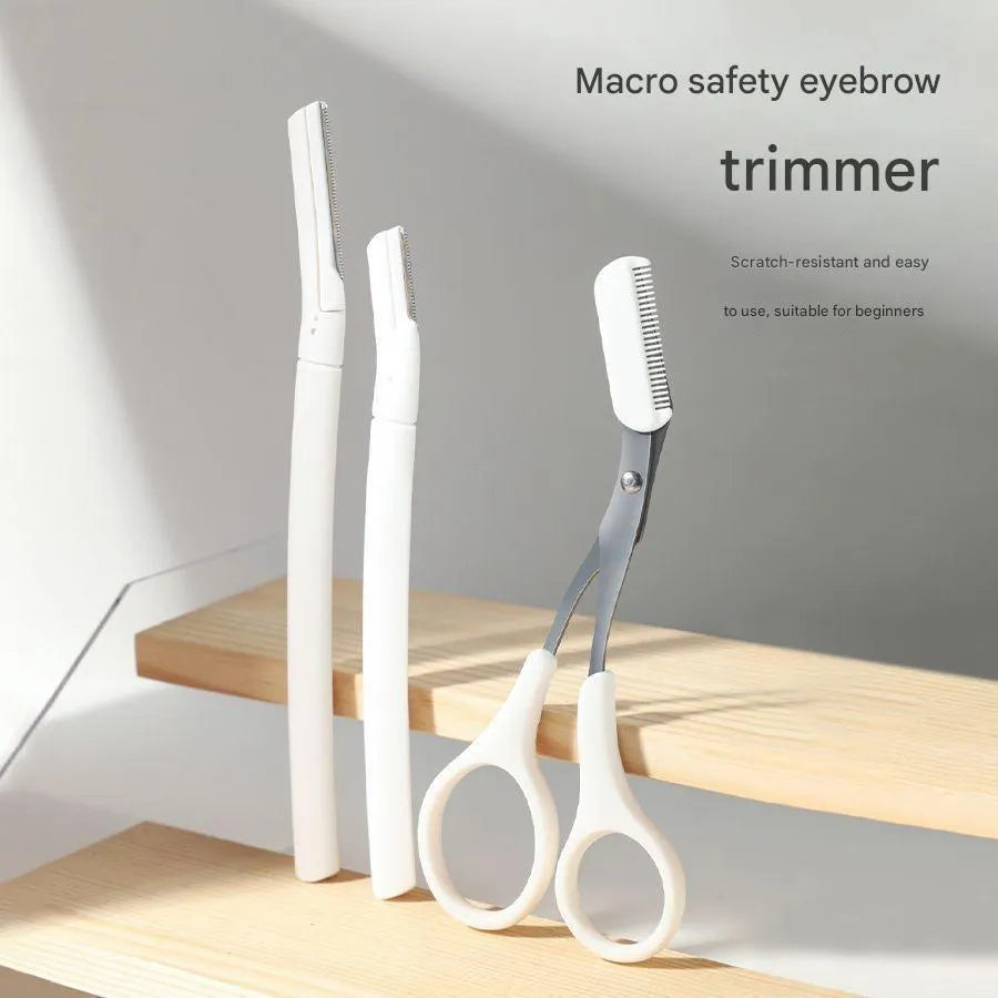 Macro safety eyebrow trimmer set with comb attachments, razor, and cleaning brush