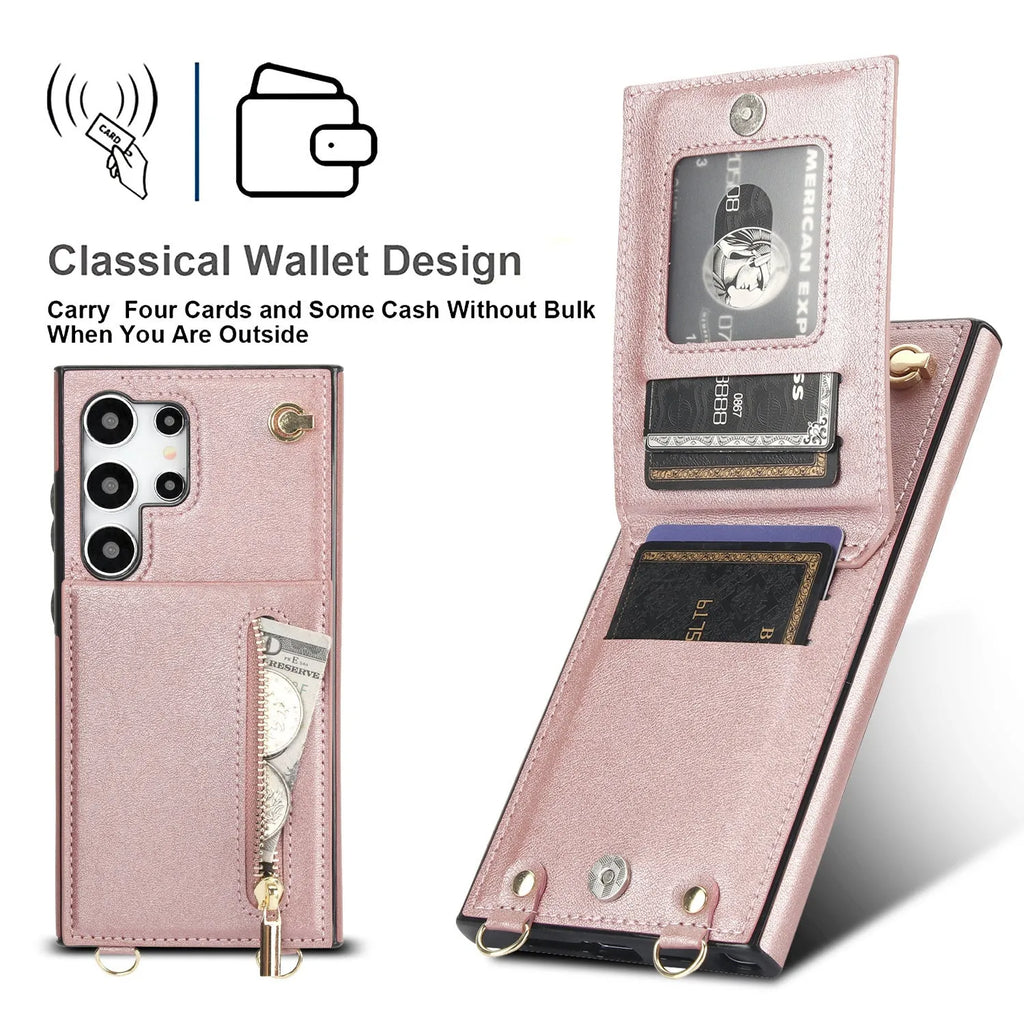 Samsung phone case with card slots and crossbody zipper bracket in Japanese Korean style