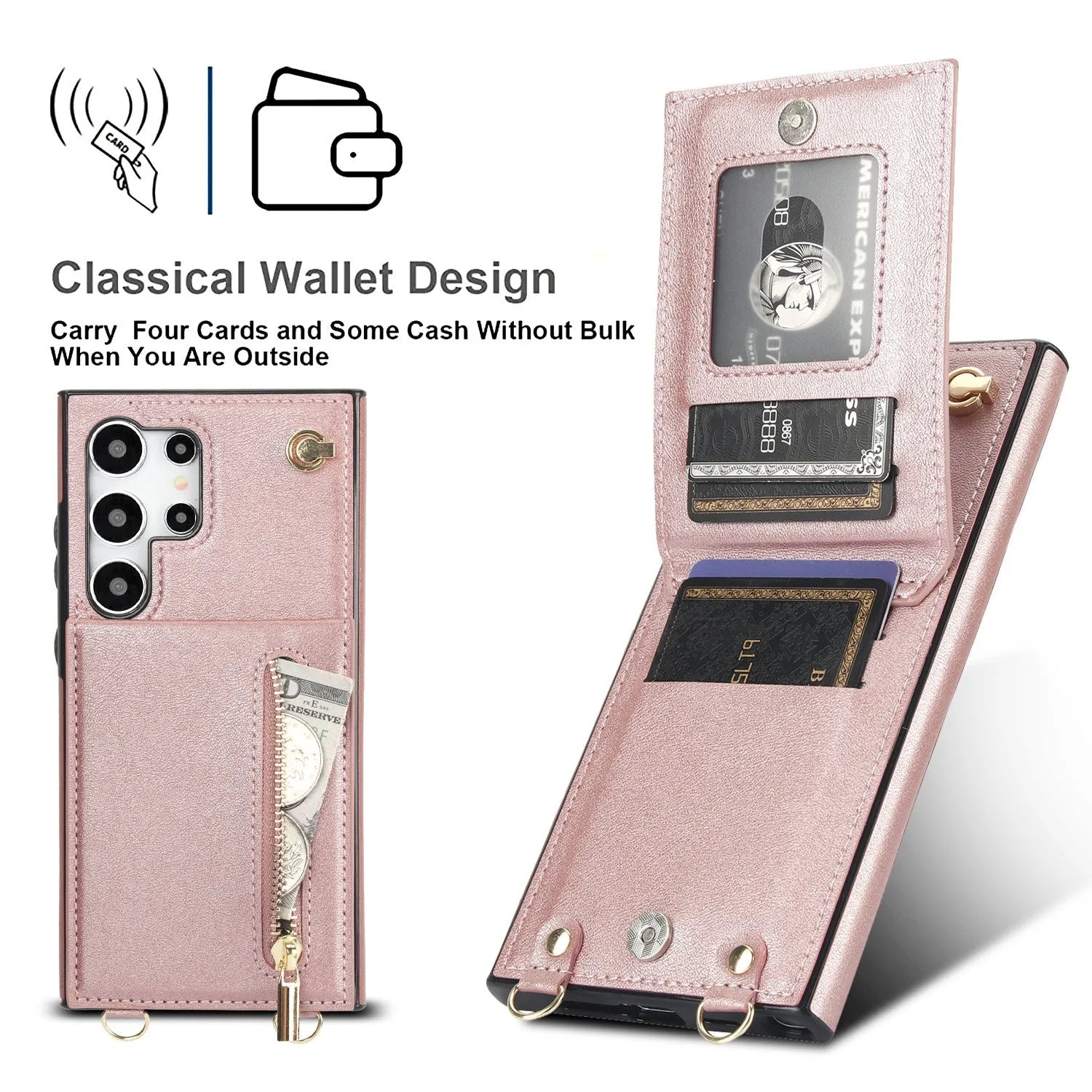 Samsung phone case with card slots and crossbody zipper bracket in Japanese Korean style
