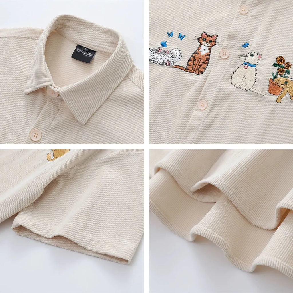 Loose shirt cardigan with embroidered cartoon pattern in apricot, brown, and black colours