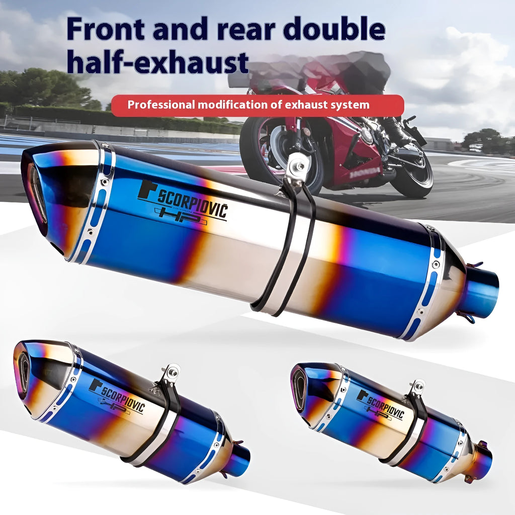 Double half blue stainless steel racing exhaust pipe for motorcycle modification, roasted blue finish, 370 470 570 options