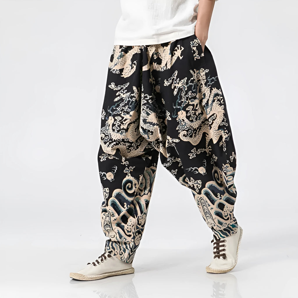 Men's dragon print harem pants with elastic waist and loose fit, available in multiple sizes