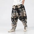 Men's dragon print harem pants with elastic waist and loose fit, available in multiple sizes