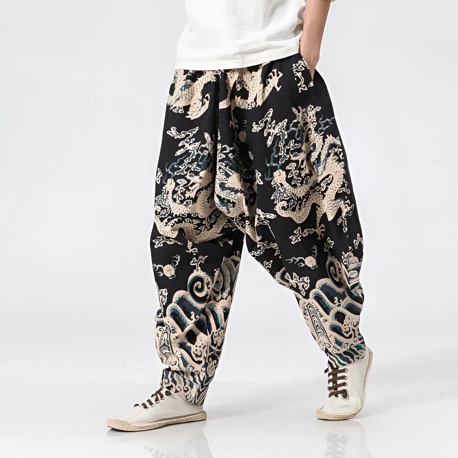 Men's dragon print harem pants with elastic waist and loose fit, available in multiple sizes