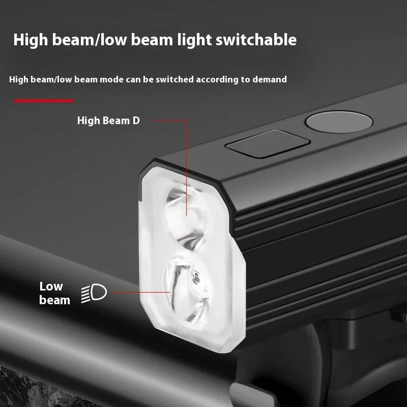 Aluminium alloy mountain bike light with silicone mount showing 400 lumen output and USB-C port