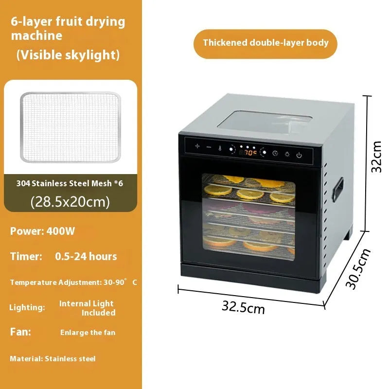 Stainless steel fruit dehydrator with visual skylight on top, showing multiple drying trays inside.