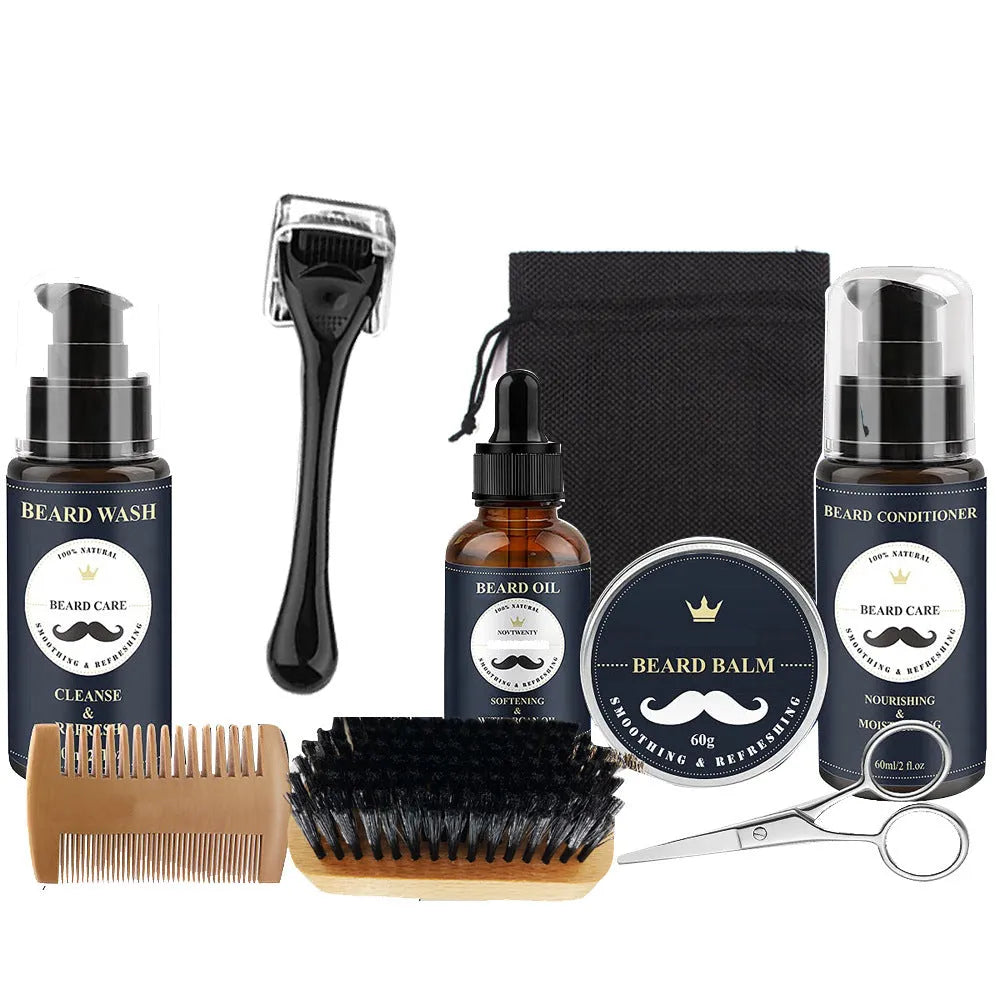 Peach wood beard care kit with comb, brush, balsam, and pogonotomy scissors in 10-15cm size