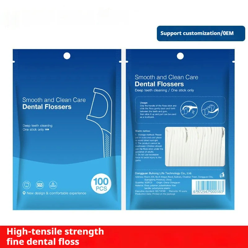 Clear plastic bag containing 100 or 108 pieces of disposable high tensile dental floss.