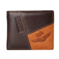 Soft brown cowhide men's wallet with contrast stitching, shown open to reveal card slots, zip compartment, and bill holder.