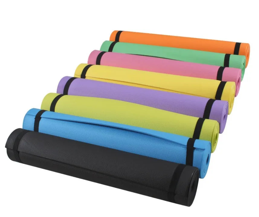 Red and blue EVA yoga mats showing 4mm and 6mm thickness options rolled up with storage bag.