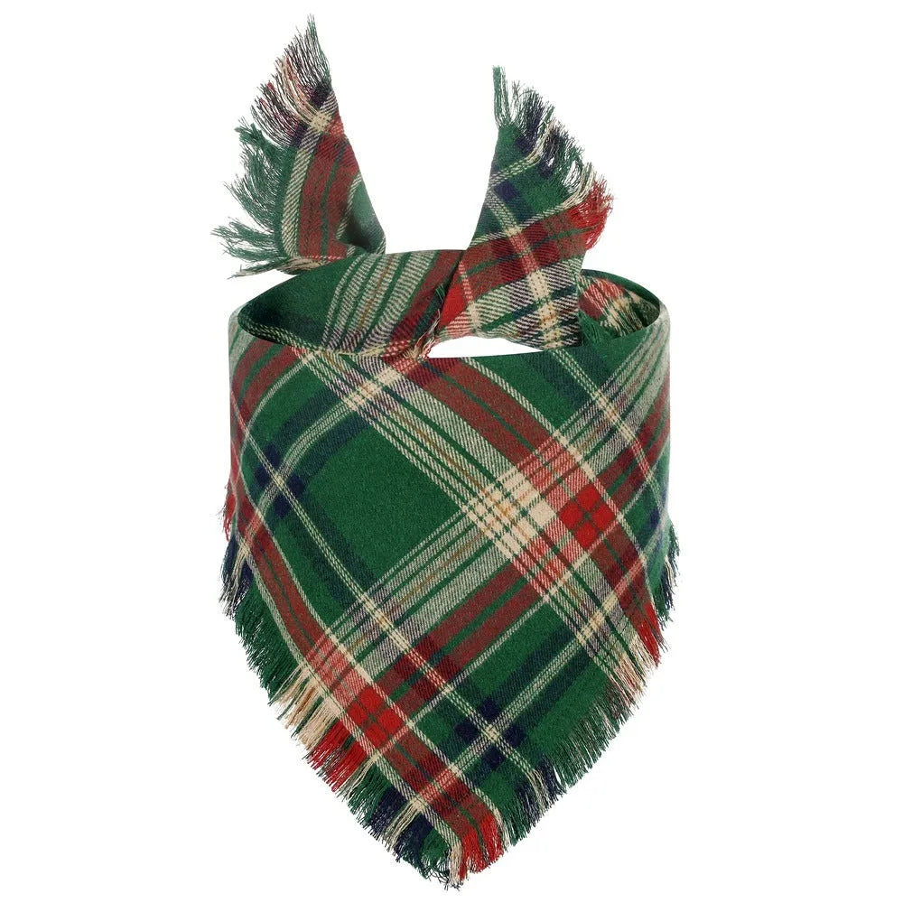 Plaid triangle dog bandana with tassels in autumn colours like orange and brown