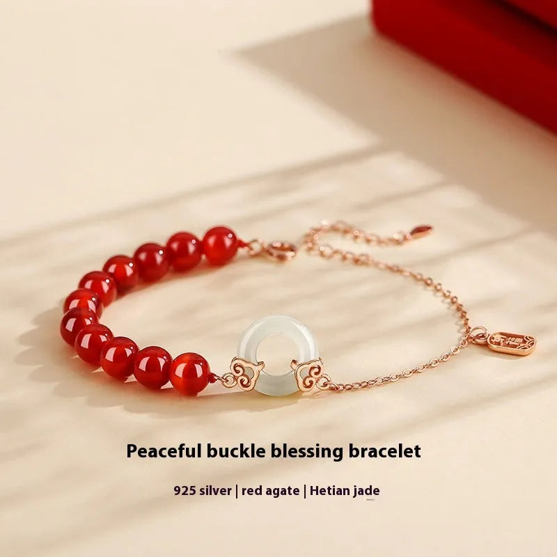 Women's sterling silver 925 bracelet with peace buckle, xiangyun, and fu character charms in silver colour S0269