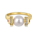 Gold colour silver female ring with geometric round pearl design, sizes 6, 7 and 8