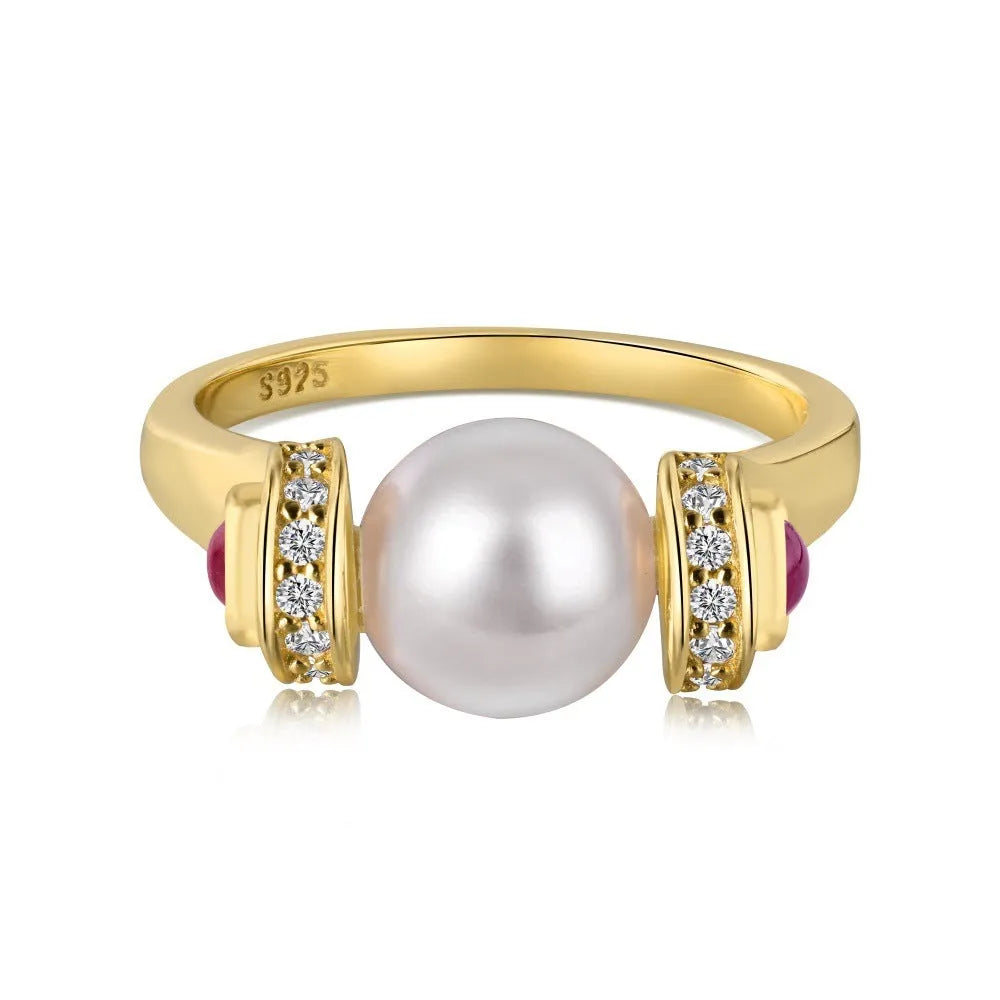 Gold colour silver female ring with geometric round pearl design, sizes 6, 7 and 8