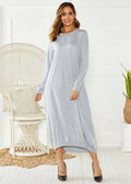 Black lace-up crew neck lantern dress on a hanger, showing loose long fit and threaded detail.