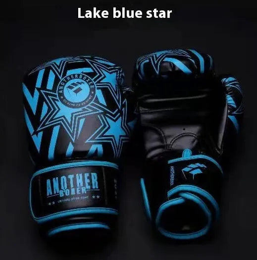 Pair of children's boxing gloves in red PU leather with vertical cuff, shown on a blue background.