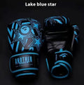 Pair of children's boxing gloves in red PU leather with vertical cuff, shown on a blue background.