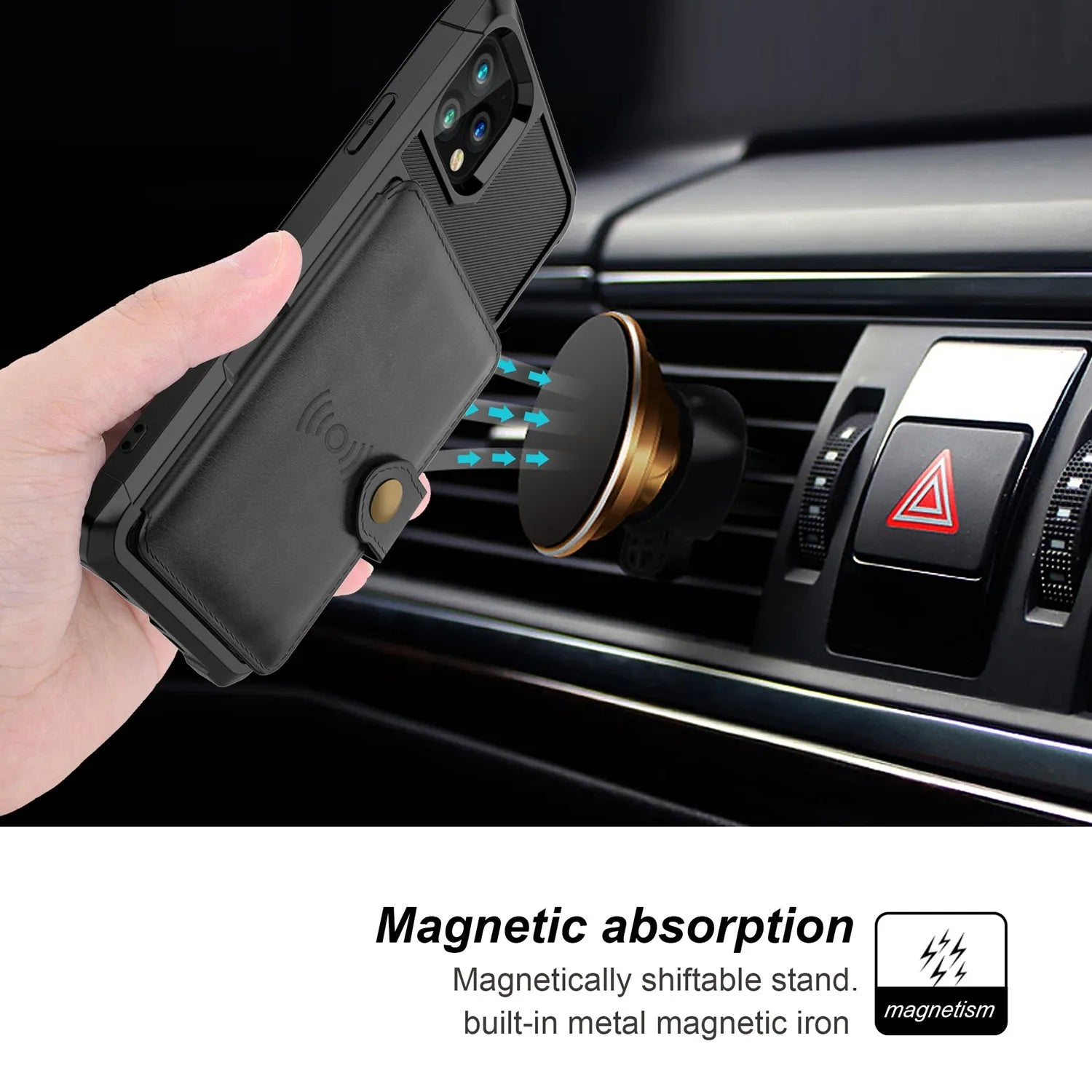 Black imitation leather iPhone back cover case with a slot for holding credit cards.