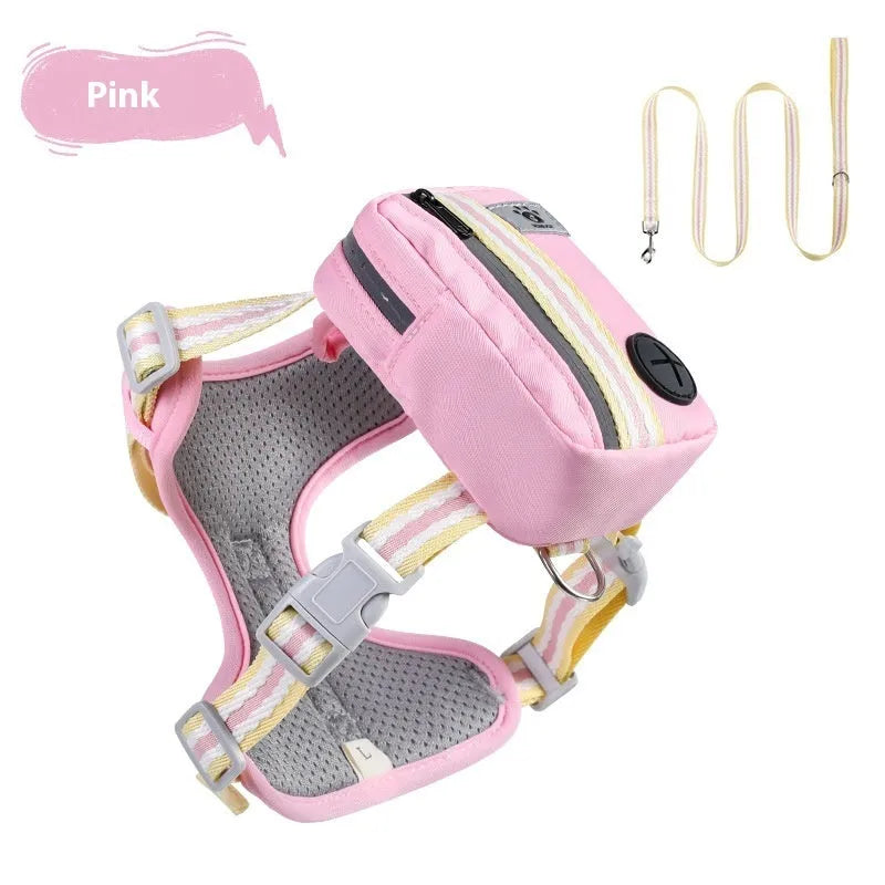 Pink explosion-proof anti-strangulation dog harness with 1.5m lead on a grassy background.