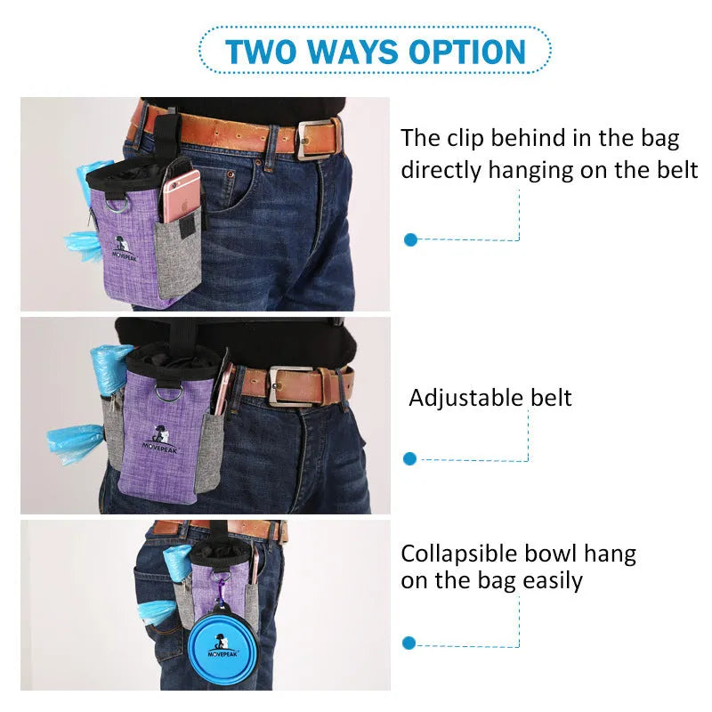 Purple dog training treat pouch with belt clip and waterproof Oxford fabric, 16.5x14x8cm.