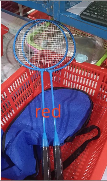 Pair of blue and red alloy badminton rackets with split body design on a court.