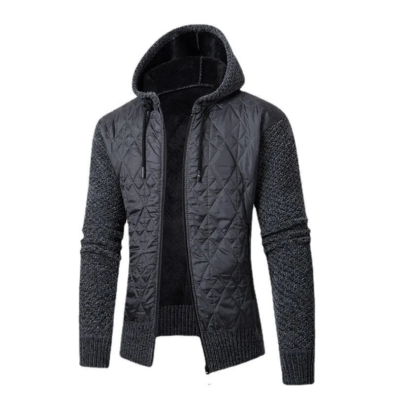 Men's grey hooded corduroy sweater coat with a cinched waist on a hanger.