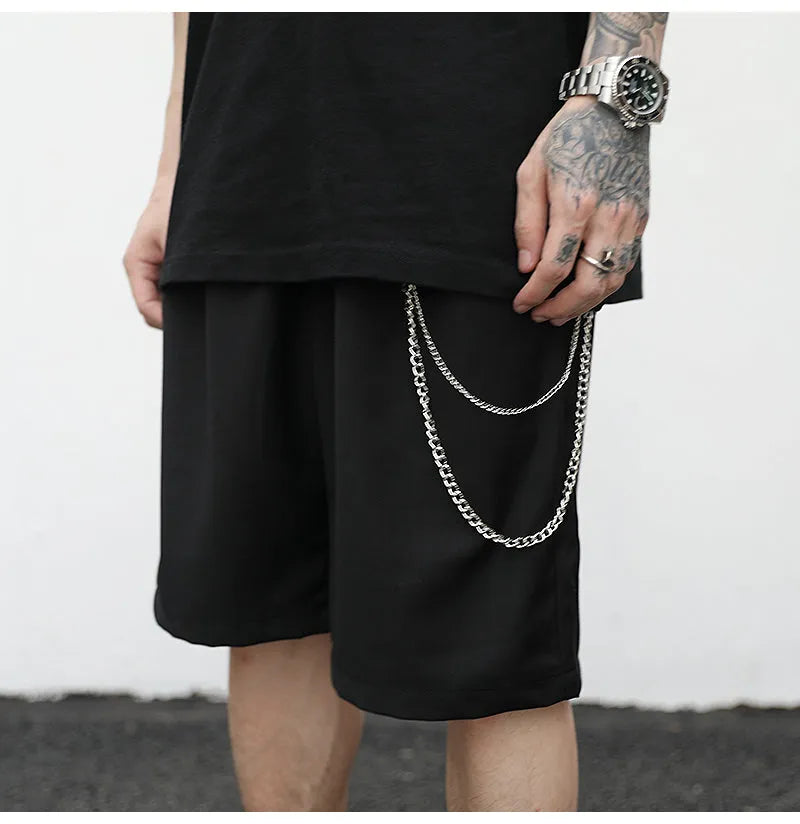 Black cotton trouser chain suit shorts for men with secure key chain, side view