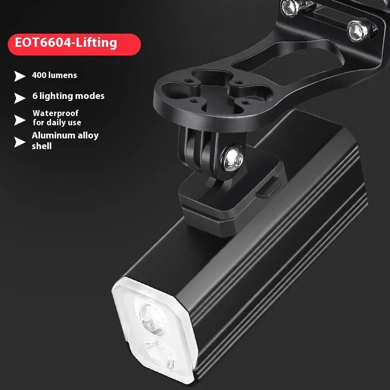 Aluminium alloy mountain bike light with silicone mount showing 400 lumen output and USB-C port