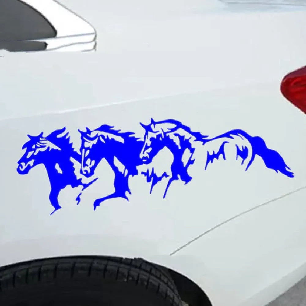 Black, white, red, and blue vinyl car sticker with a rearing horse design, measuring 25cm by 8cm.