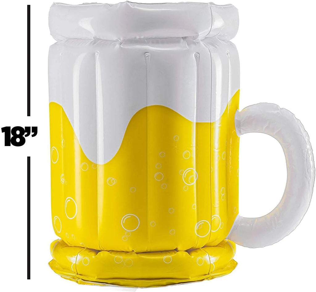Large yellow inflatable beer mug cooler floating in pool with drinks