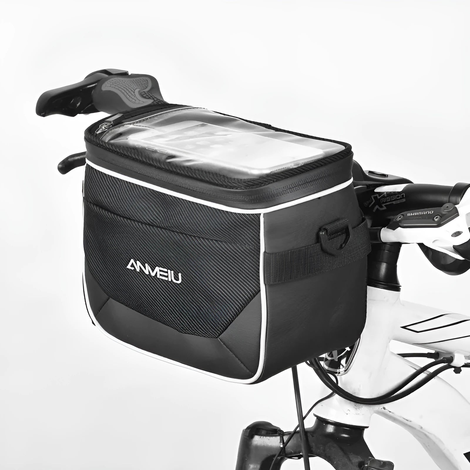 Black folding bicycle handlebar bag measuring 7 inches with hanging strap